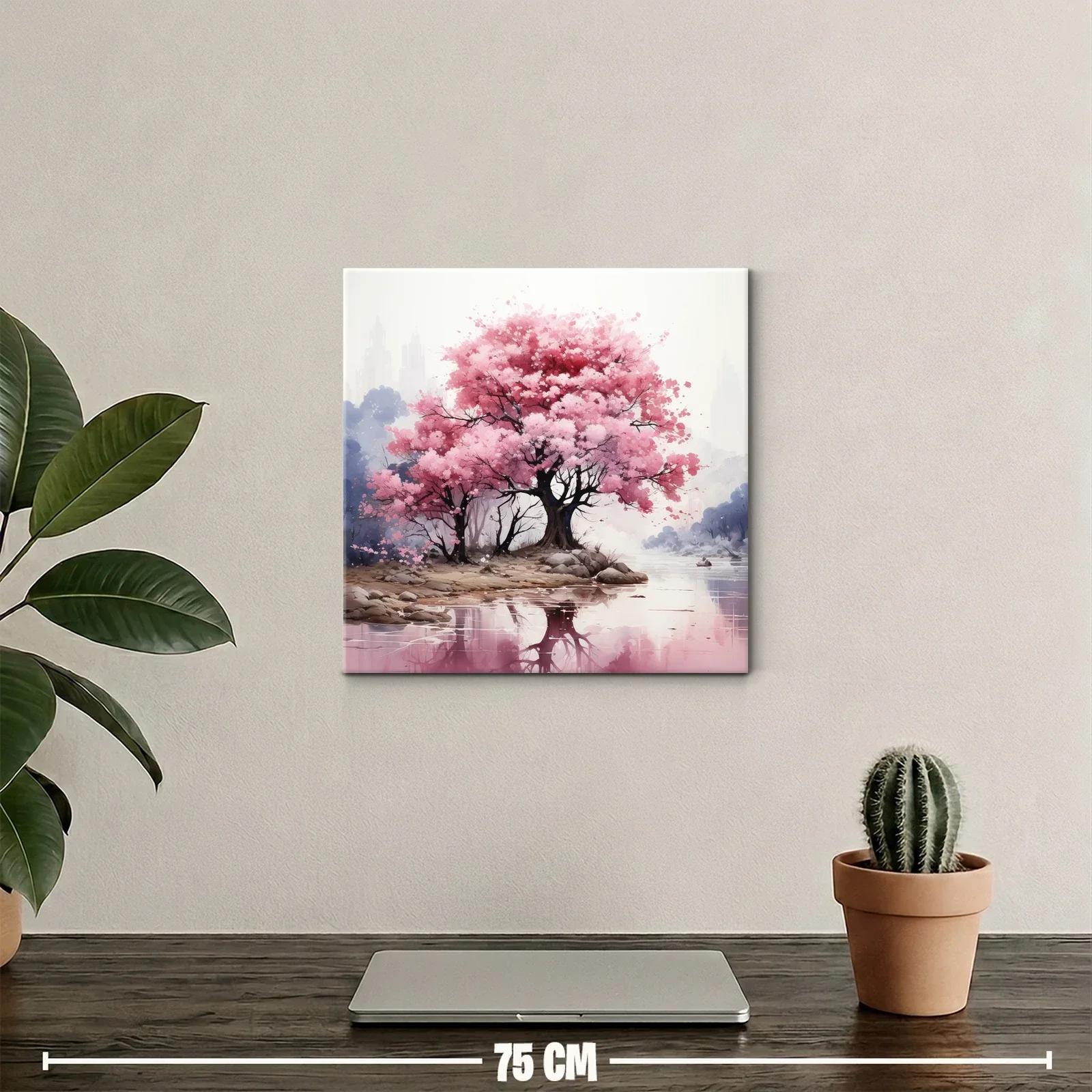 Paisaje sereno con árboles en flor y reflejo en agua — miniatura 2