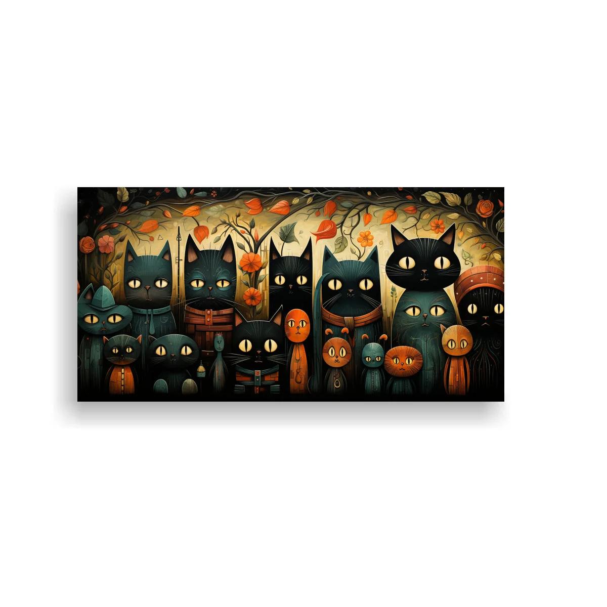 Cuadro grupo de gatos negros enmarcados por ramas y flores