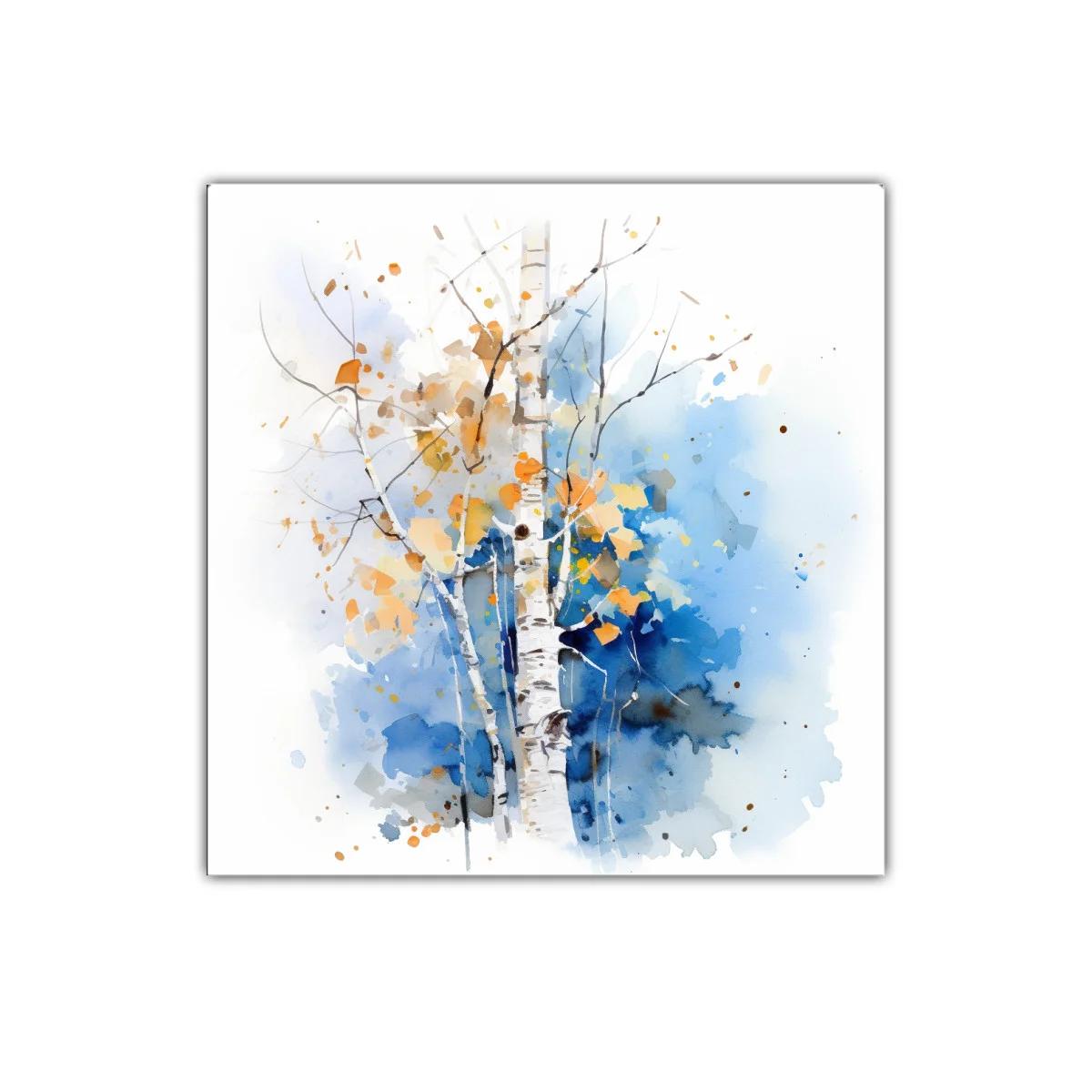 Cuadro decorativo árbol de abedul con paleta azul y ocres — miniatura 1