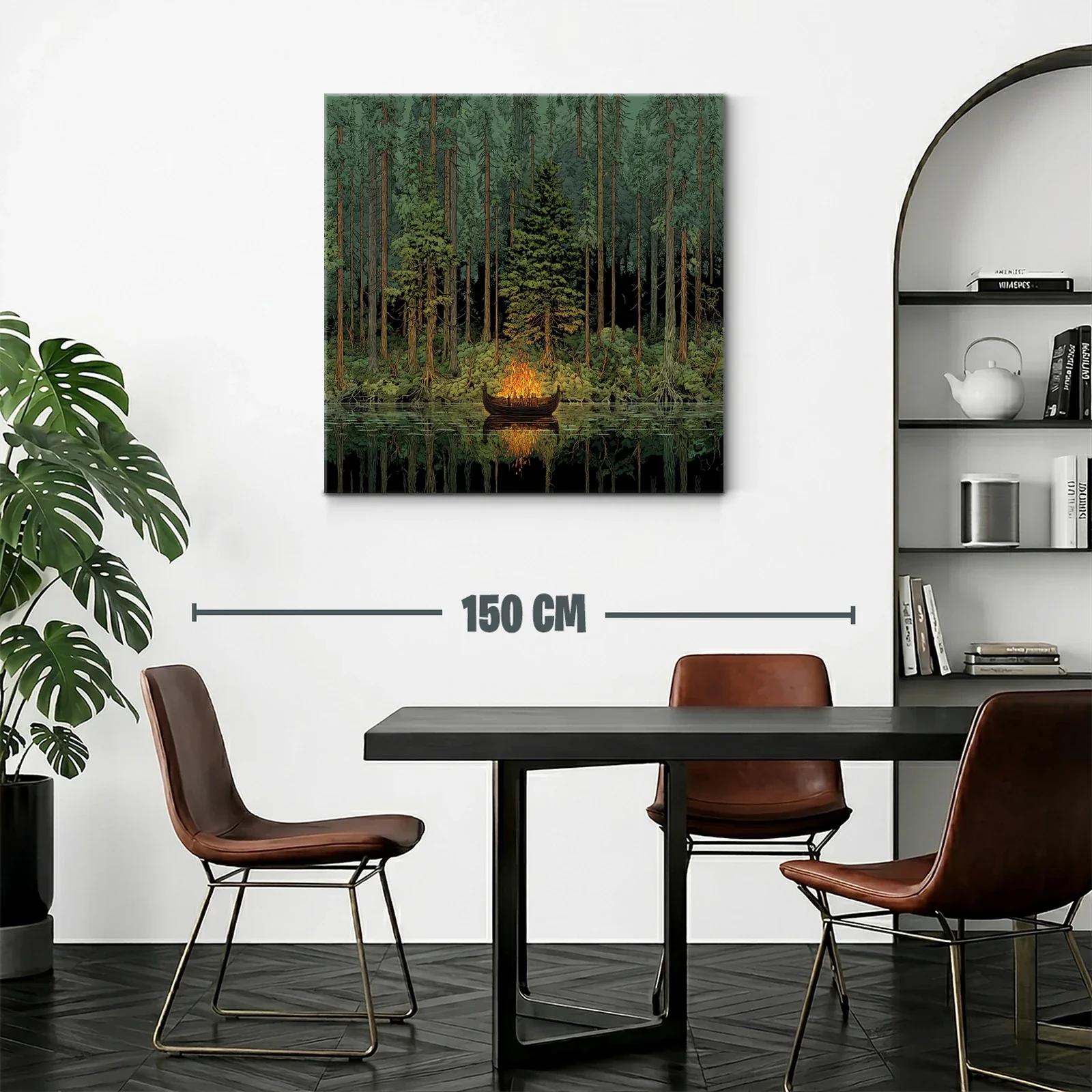 Bosque profundo con barca en fuego sobre agua tranquila — miniatura 2