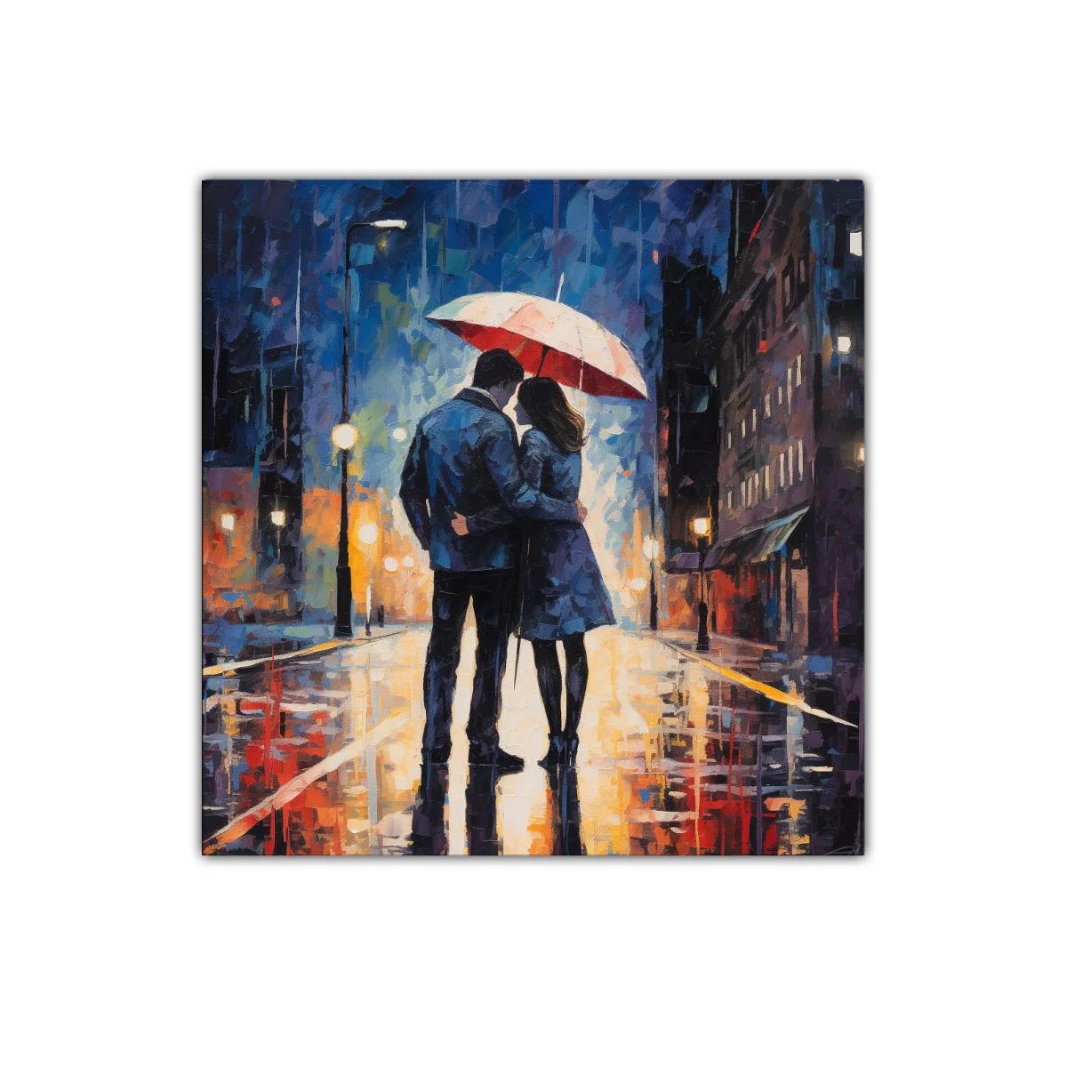 Pareja abrazada bajo paraguas en calle iluminada por la noche — imagen principal