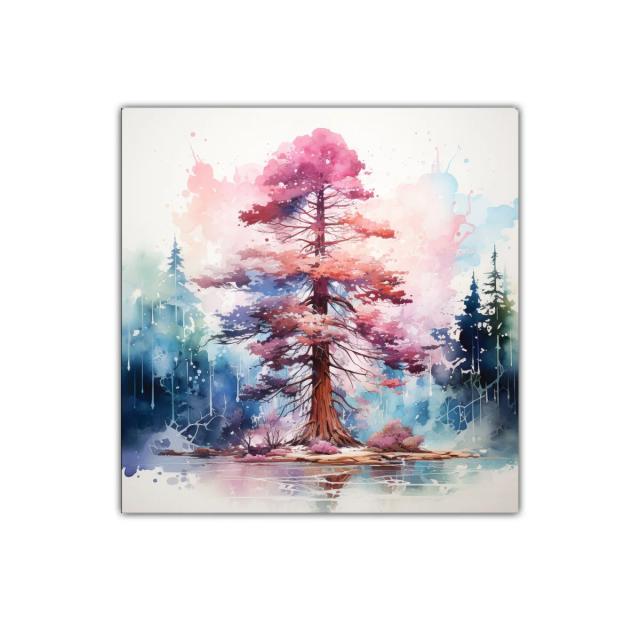 Árbol en tonos rosas y azules con reflejo en agua