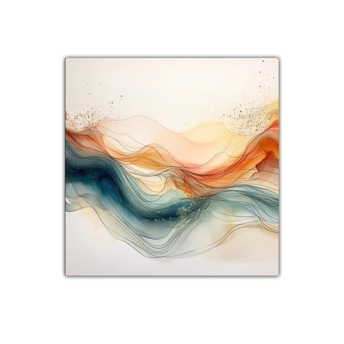 Cuadro abstracto con líneas fluidas y tonos cálidos y fríos