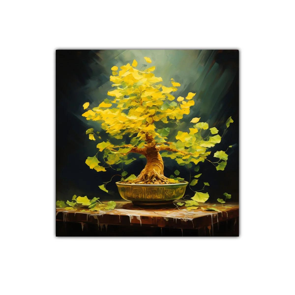 Árbol bonsái con hojas doradas vibrantes sobre mesa rústica — imagen principal