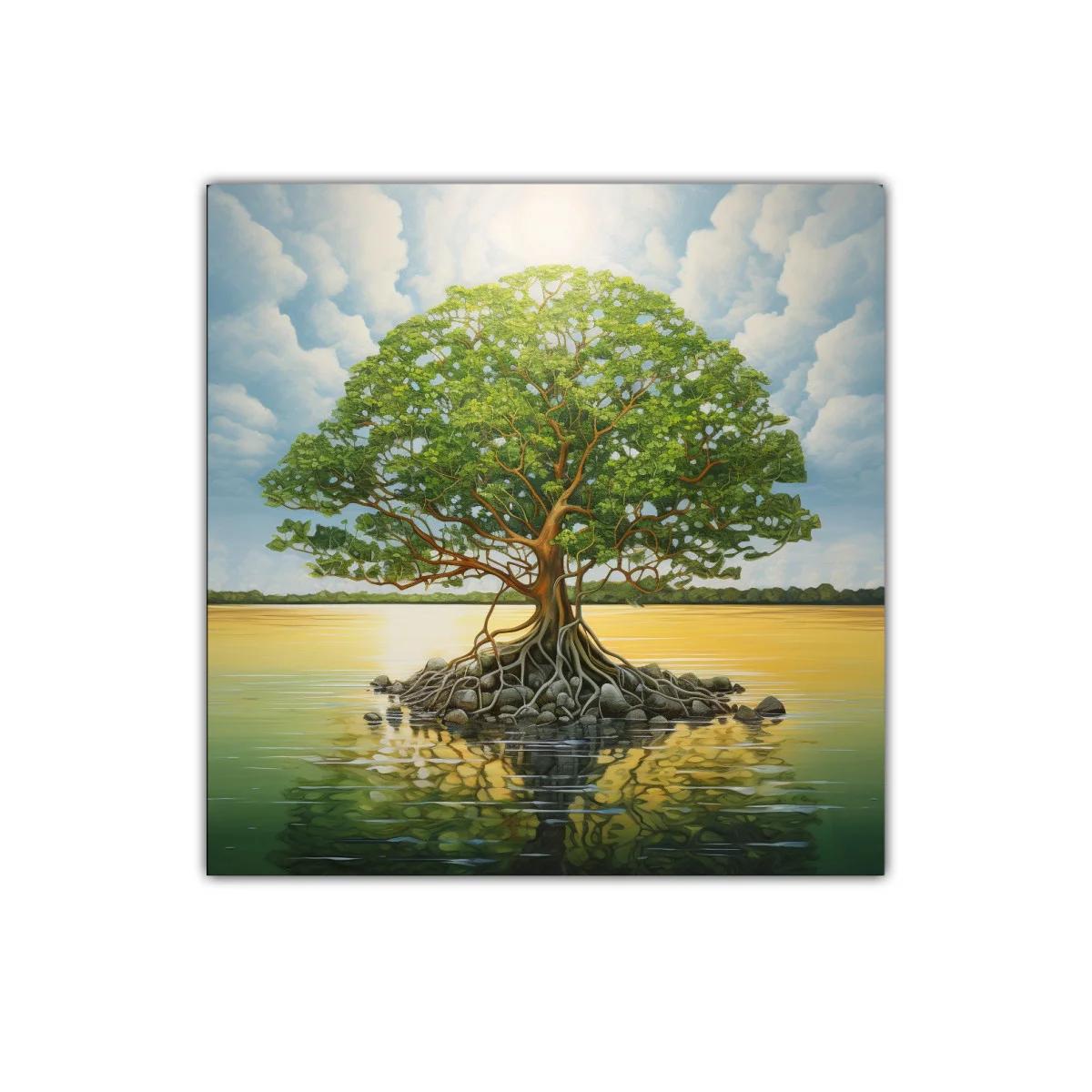 Árbol solitario sobre lago en tranquila puesta de sol