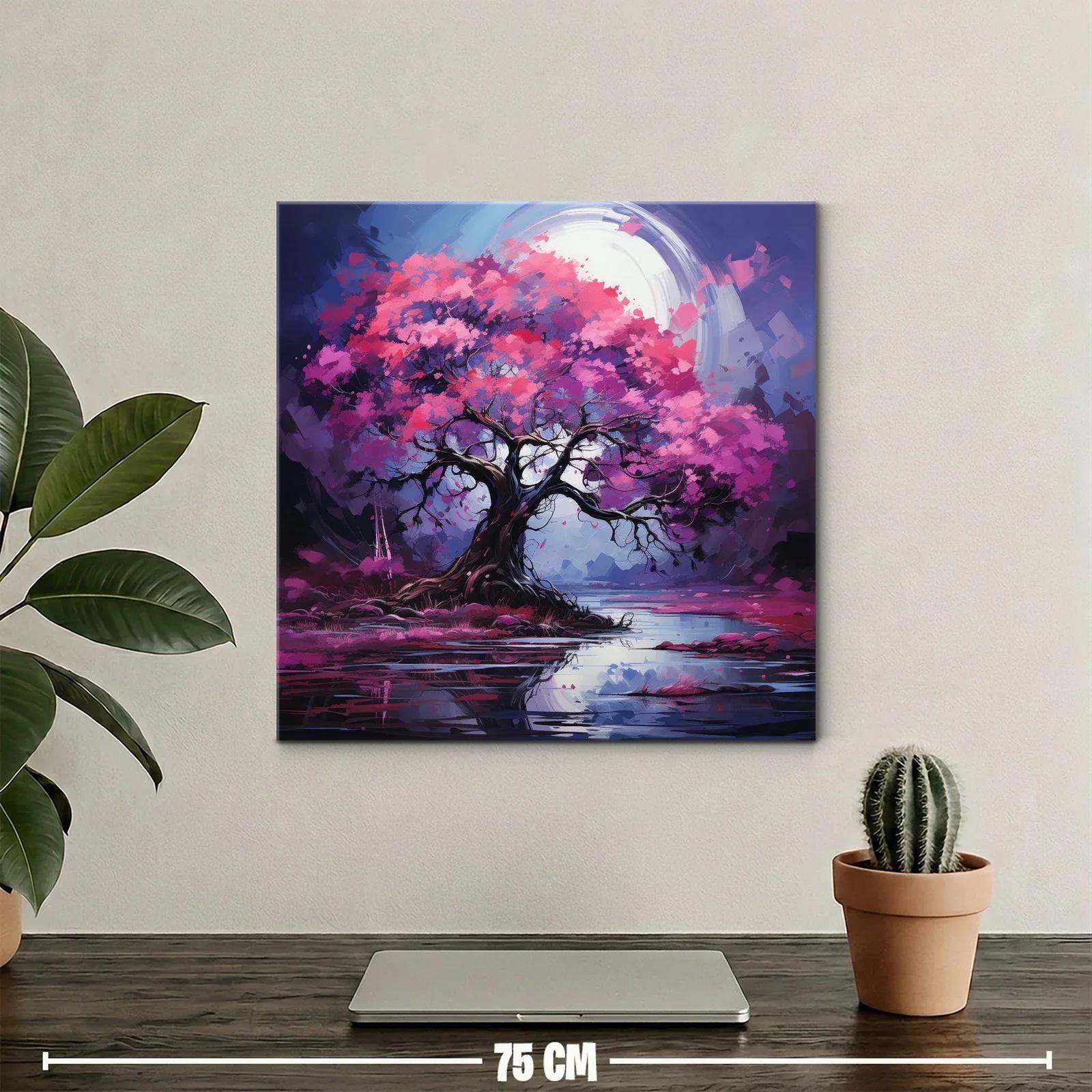 Árbol en flor bajo luna brillante sobre lago sereno — miniatura 2