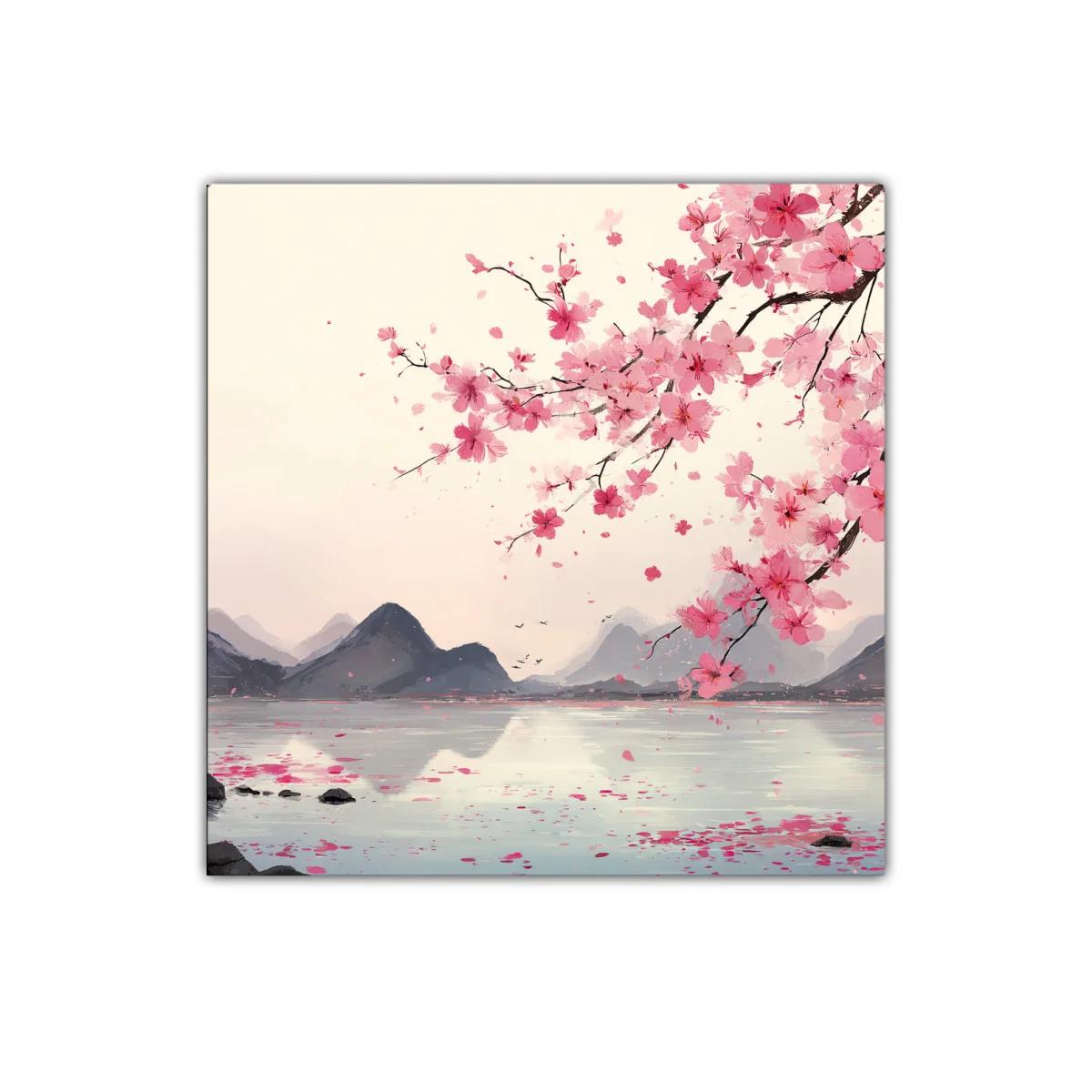 Serena escena con flores de cerezo en paisajes montañosos