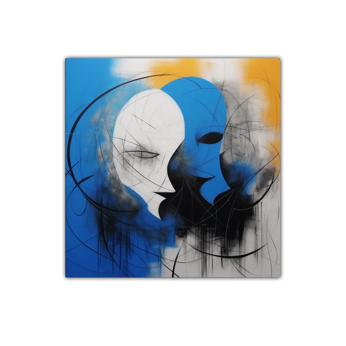 Cuadro abstracto con rostros en azul y blanco vibrante