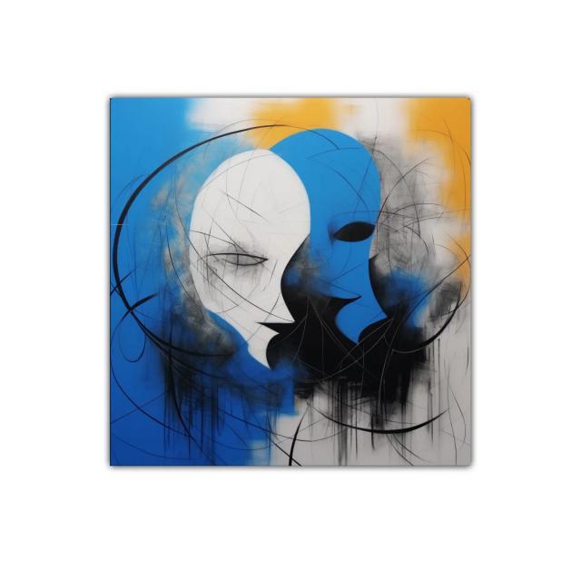 Cuadro abstracto con rostros en azul y blanco vibrante