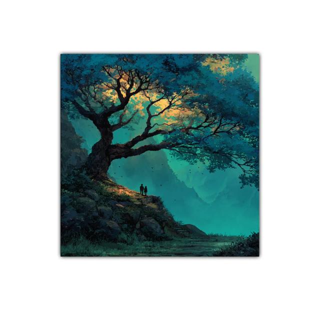 Paisaje encantado con árbol y pareja al atardecer