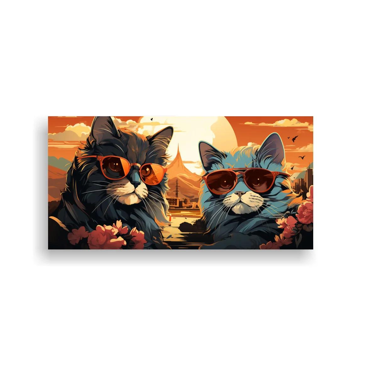 Cuadro dos gatos con gafas de sol y templo oriental