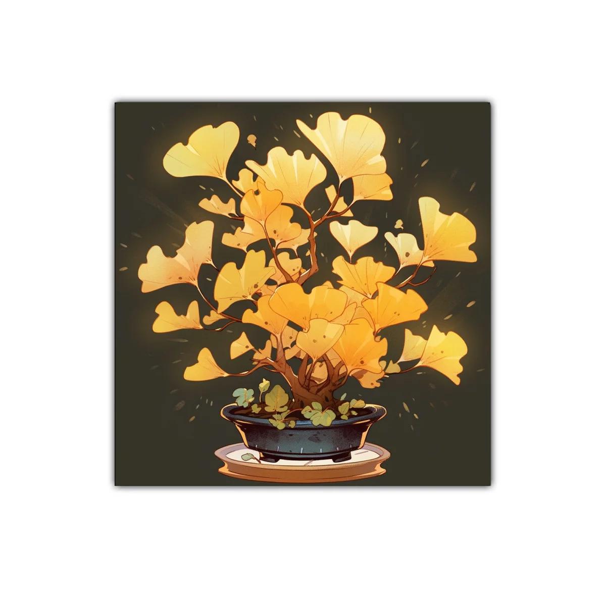 Cuadro inspirador con bonsái y hojas doradas vibrantes — imagen principal