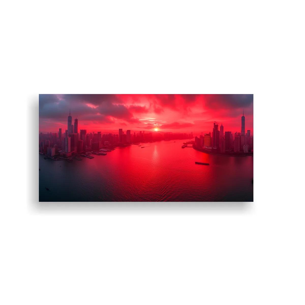 Cuadro skyline urbano al atardecer con río y reflejos rojos