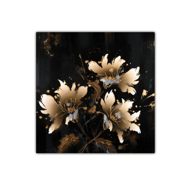 Cuadro elegante con flores doradas sobre fondo negro intenso