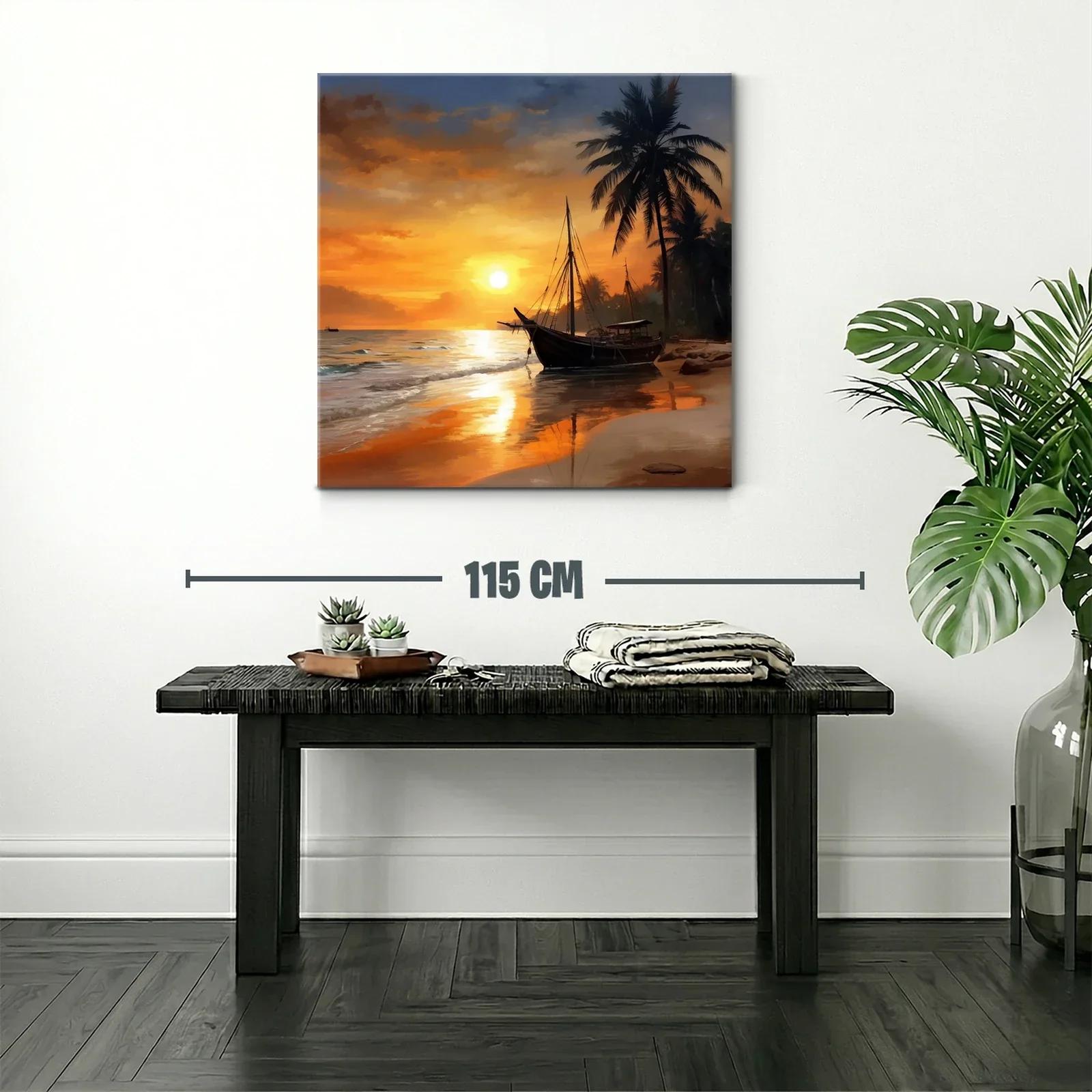 Atardecer en la playa con barco y palmeras — miniatura 2