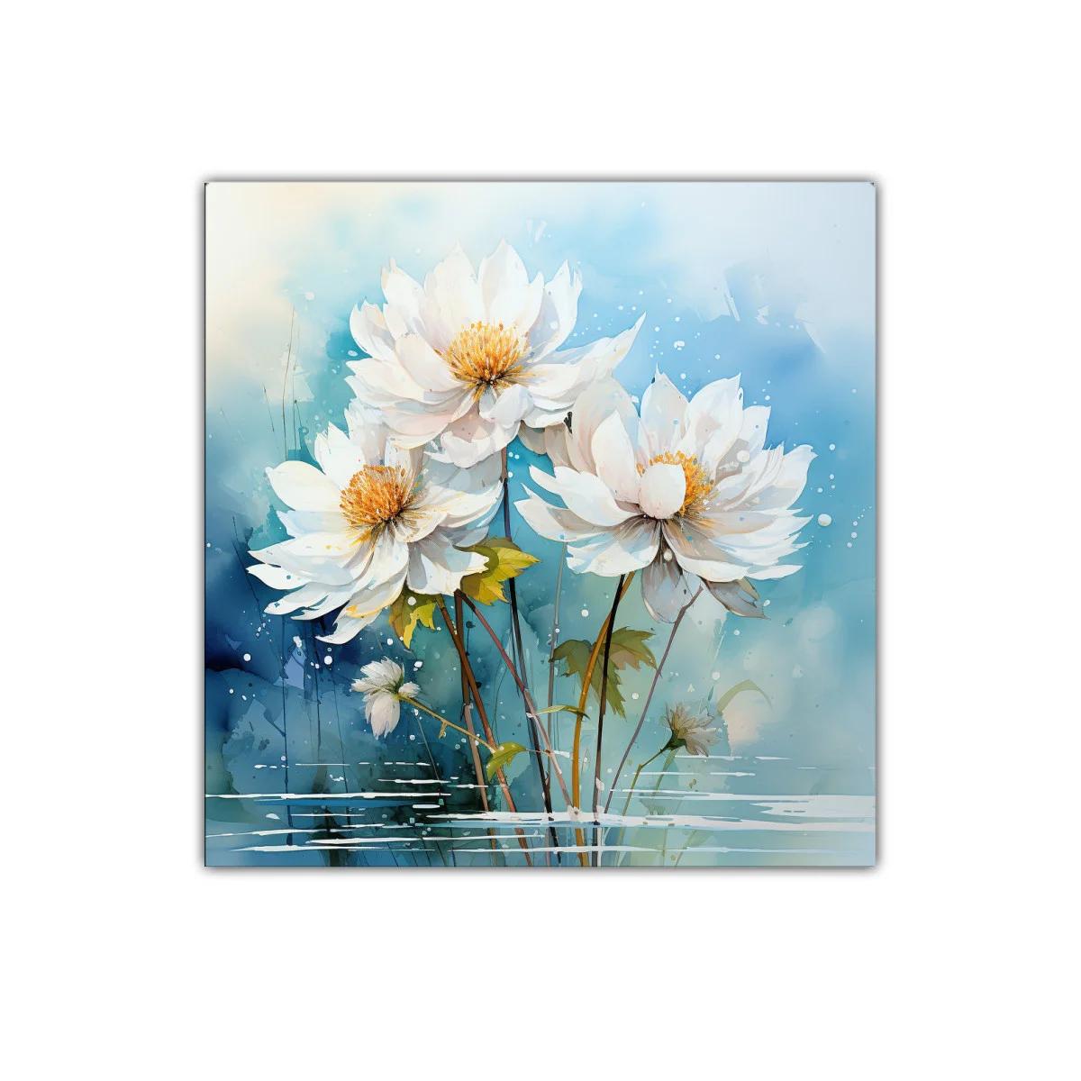 Cuadro decorativo con flores blancas y fondo azul suave — imagen principal