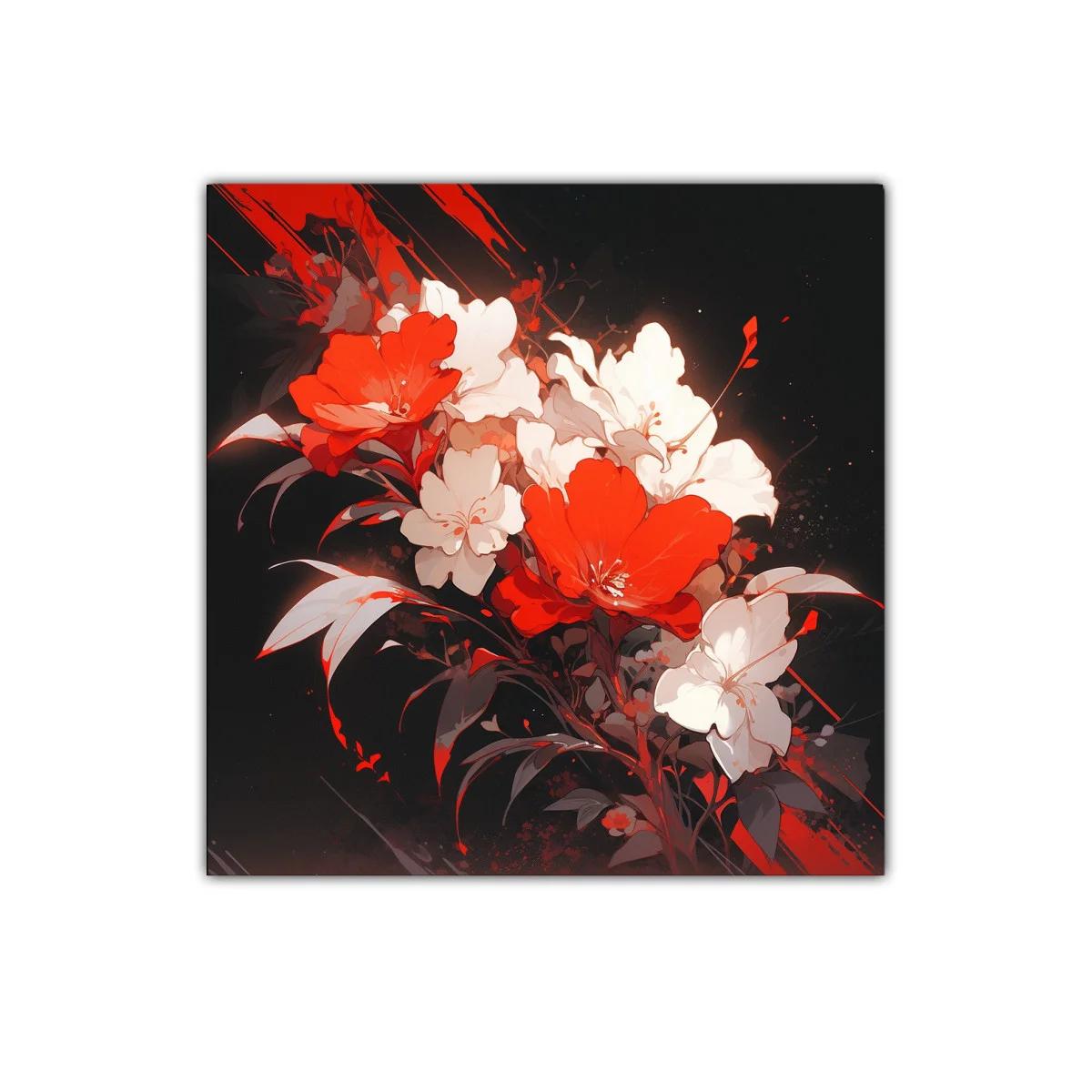 Composición floral vibrante en rojos y blancos sobre fondo oscuro