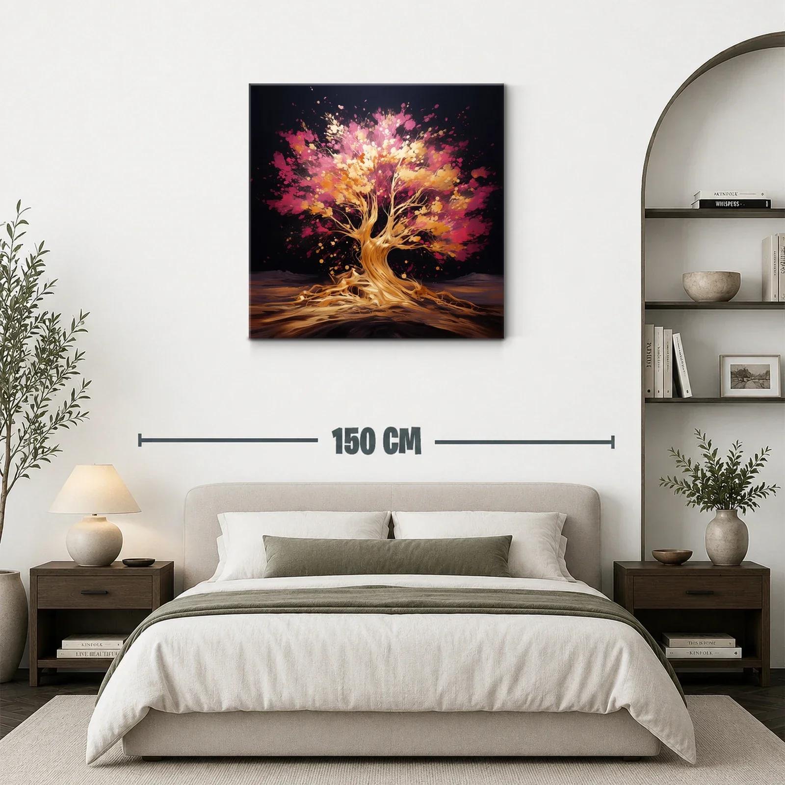 Árbol vibrante con tonos dorados y rosas en fondo oscuro — miniatura 3