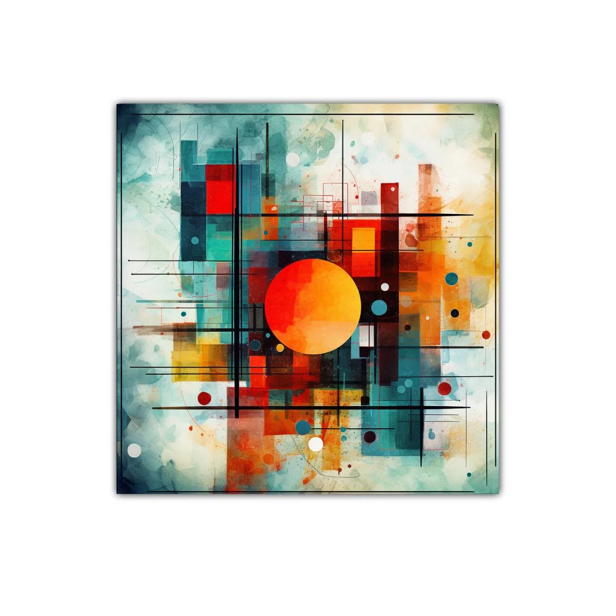Composición abstracta con círculo central naranja vibrante — imagen principal