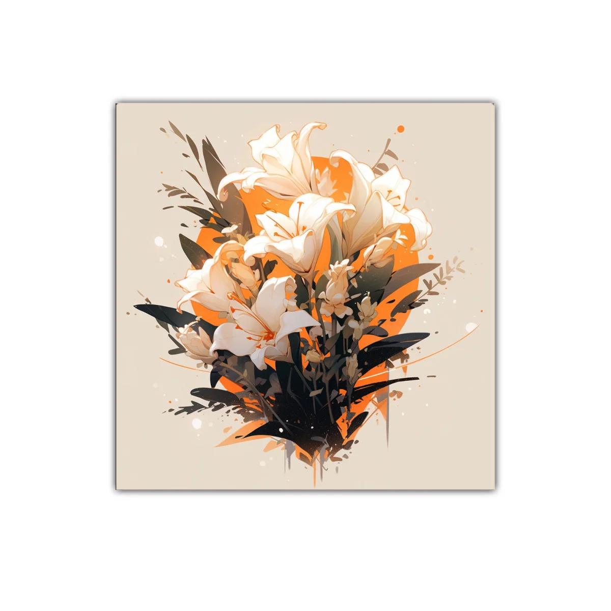 Cuadro decorativo ramo de lirios blancos con fondo naranja