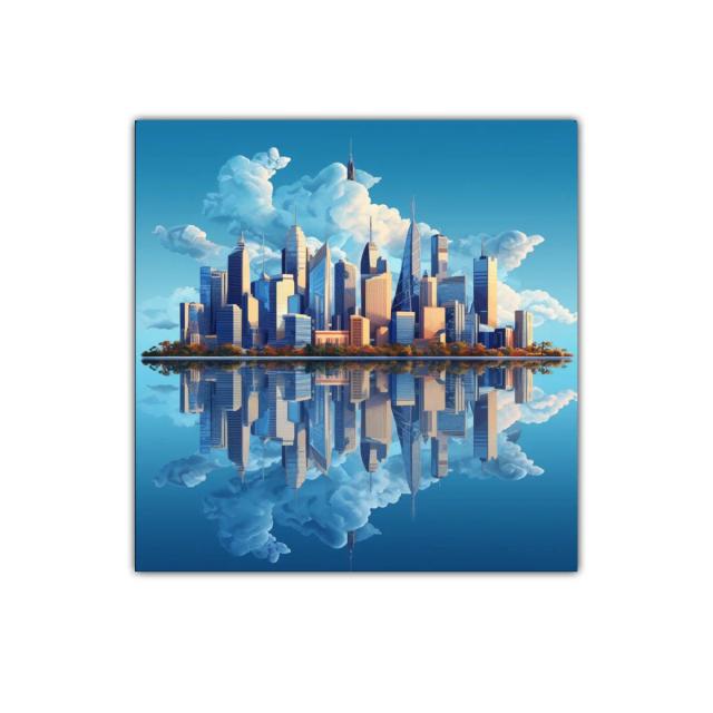 Horizonte urbano con reflejo sereno y cielo despejado