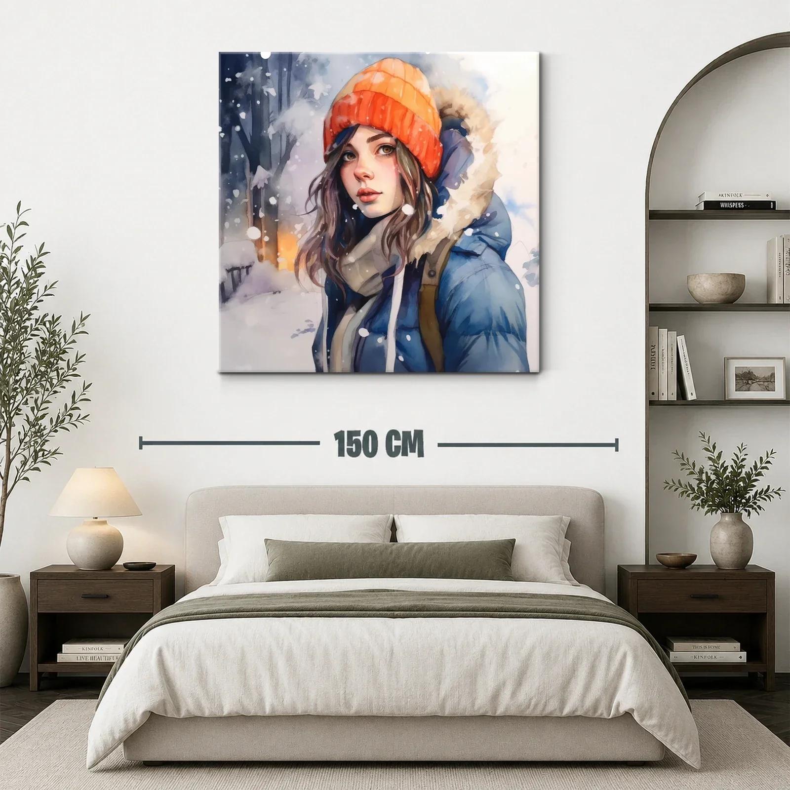 Retrato femenino invernal con gorro naranja y abrigo azul — miniatura 3
