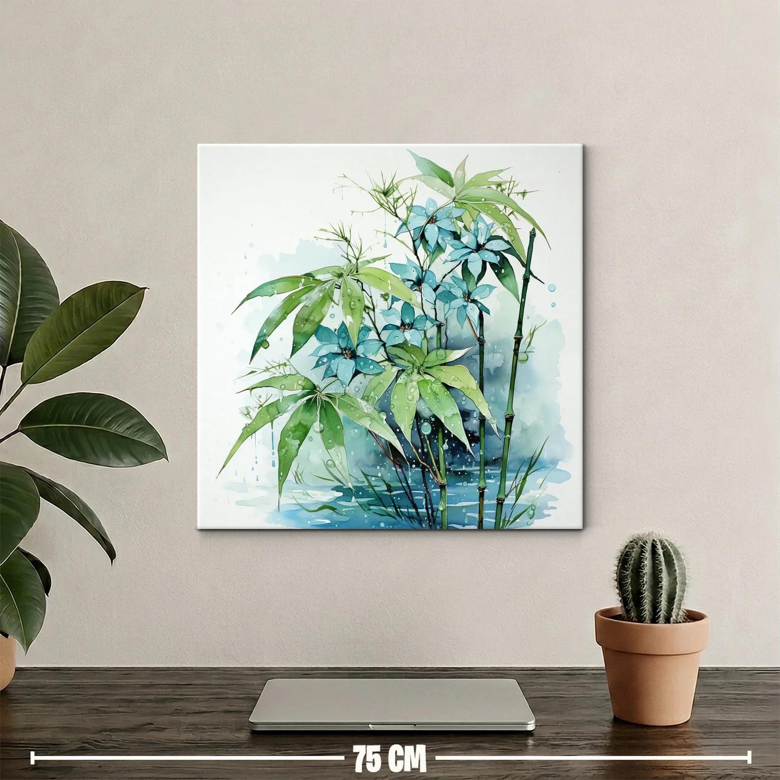 Cuadro con flores azules y hojas verdes en ambiente húmedo — miniatura 2