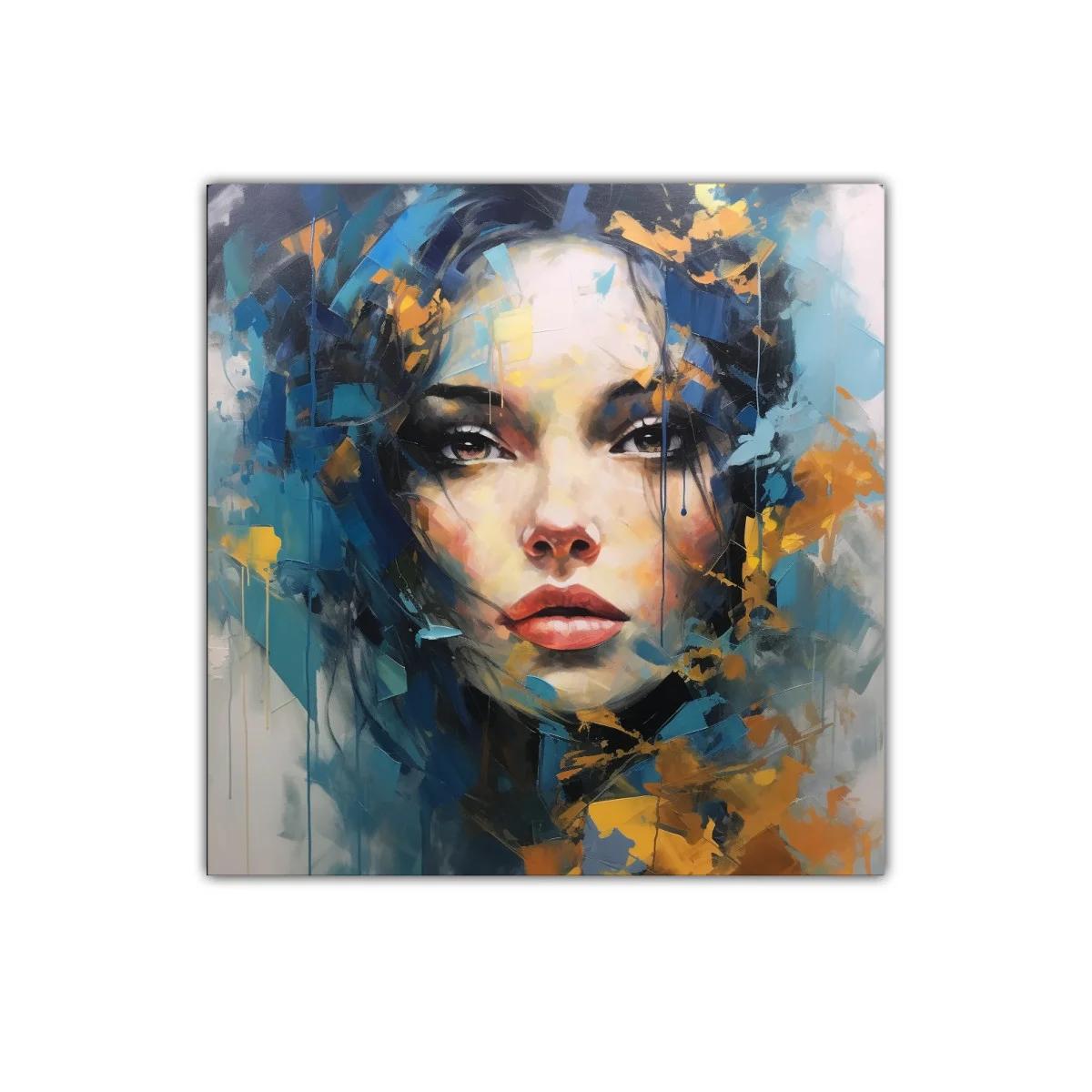 Retrato femenino con expresividad y tonos azules y ocres