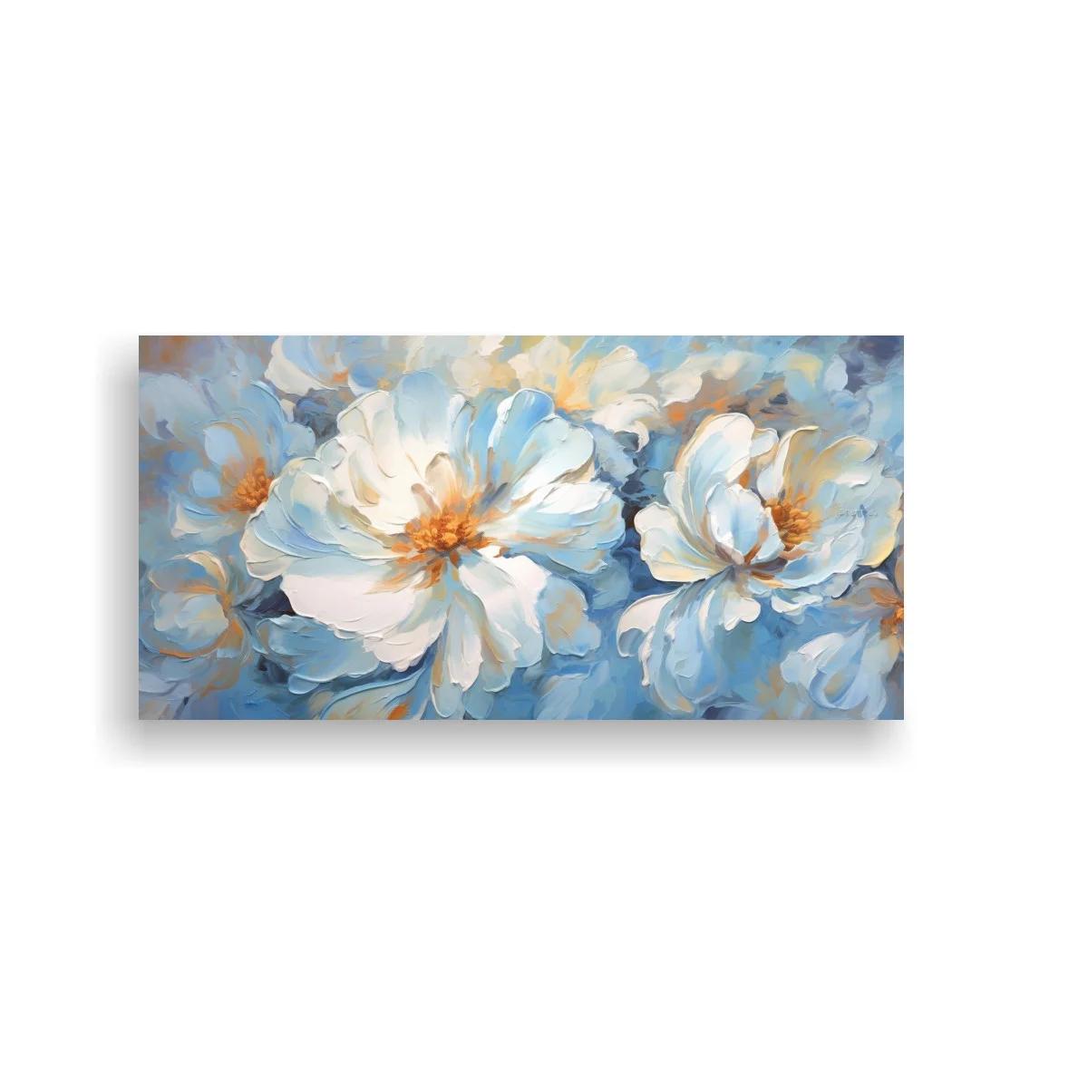 Cuadro flores blancas tipo peonía con fondo azul grisáceo