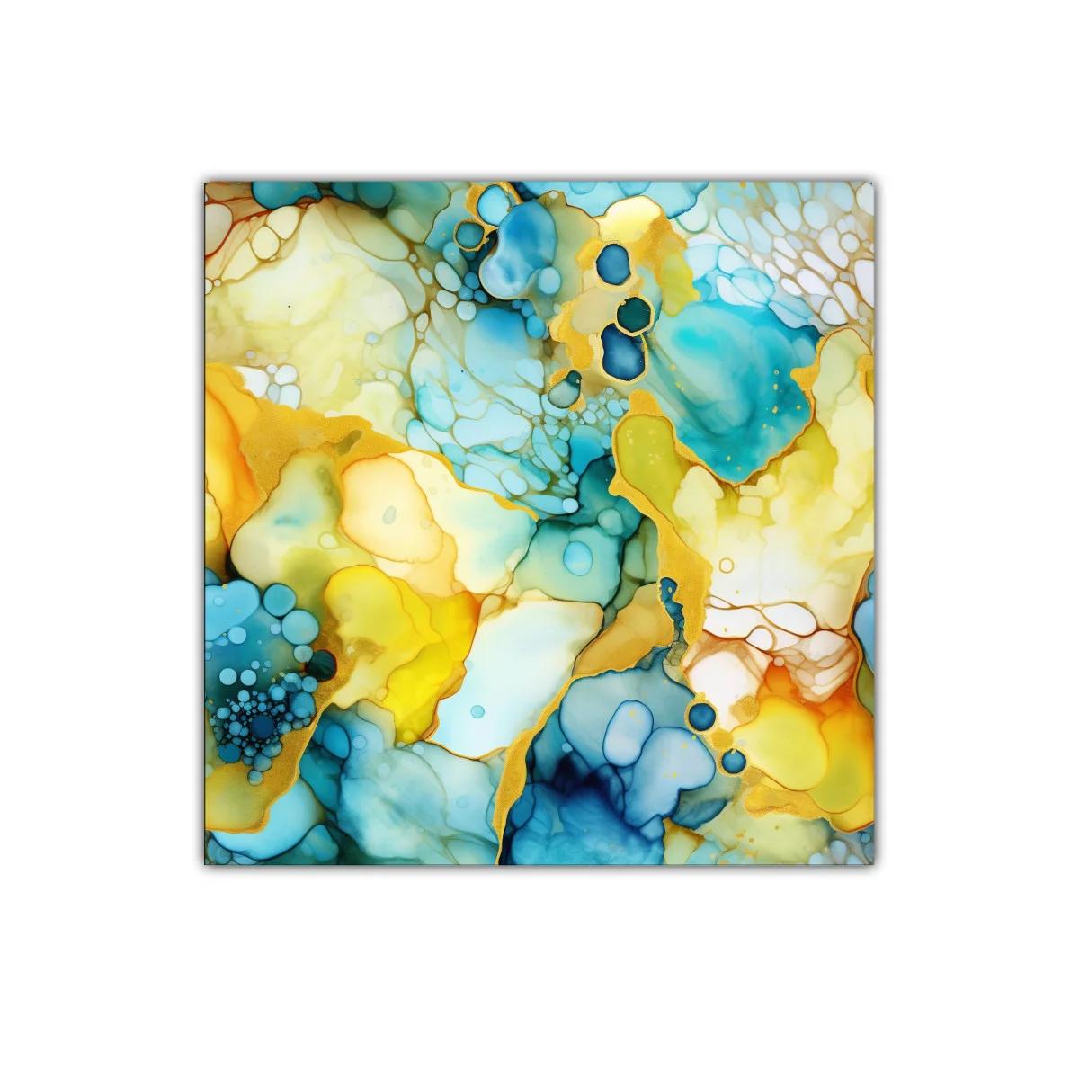 Cuadro abstracto con tonos azules y ocres vibrantes