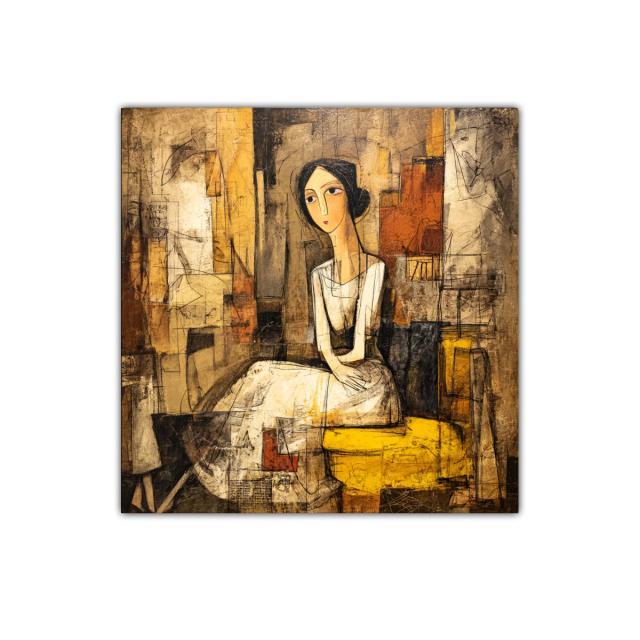 Retrato contemporáneo de mujer con paleta cálida y detalles abstractos
