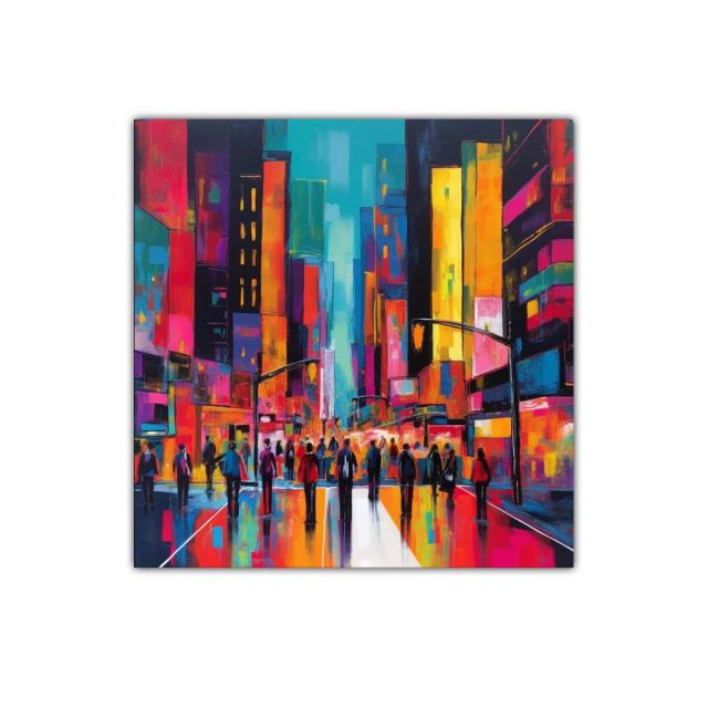Cuadro vibrante con escena urbana nocturna llena de luces coloridas
