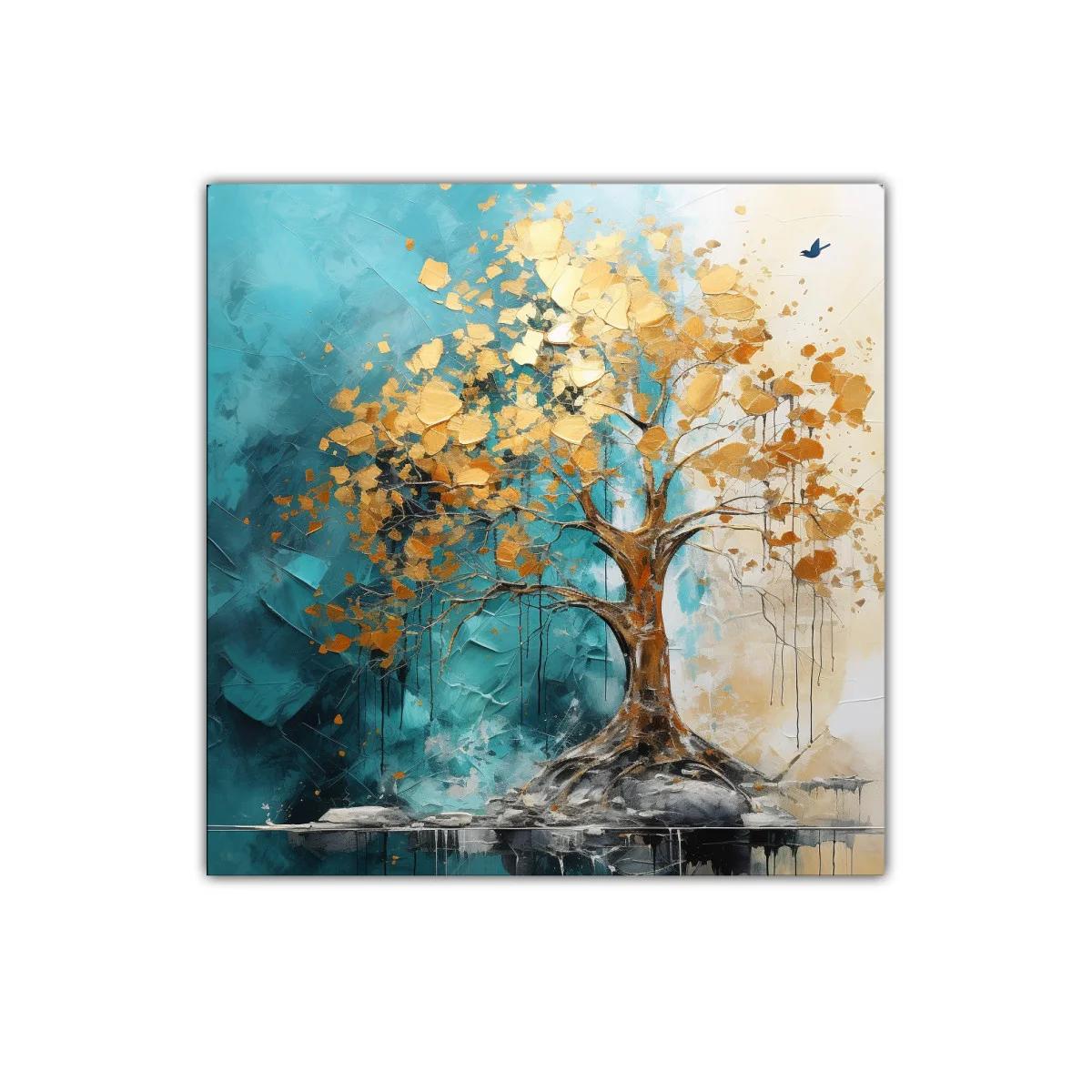 Árbol dorado sobre fondo turquesa vibrante para decoración