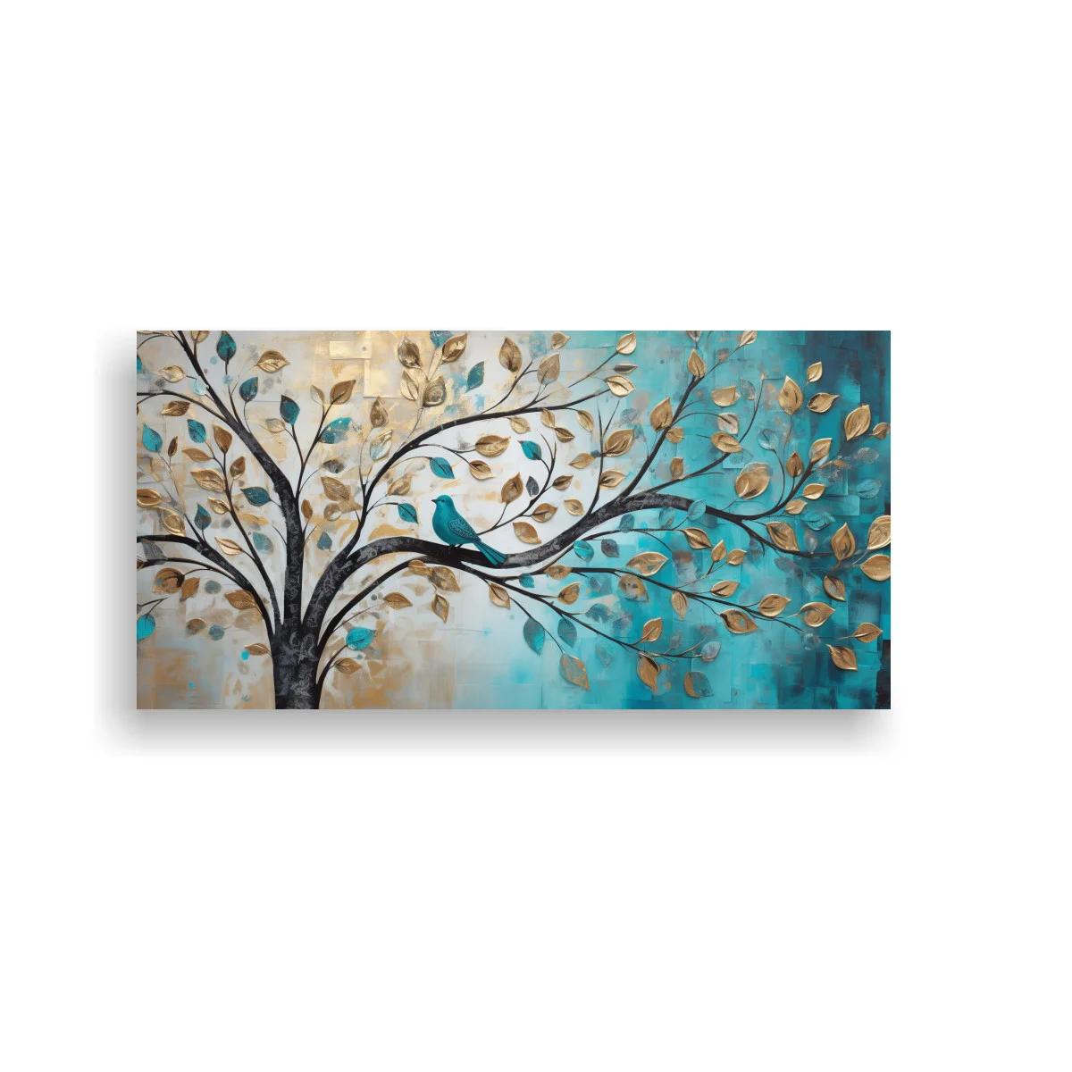 Cuadro árbol con pájaro azul y ramas abiertas
