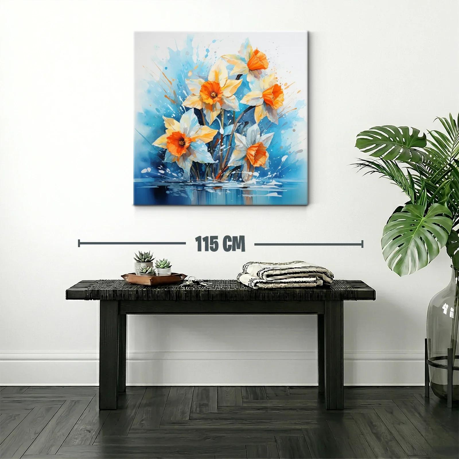Cuadro floral vibrante con narcisos anaranjados y fondo azul — miniatura 2