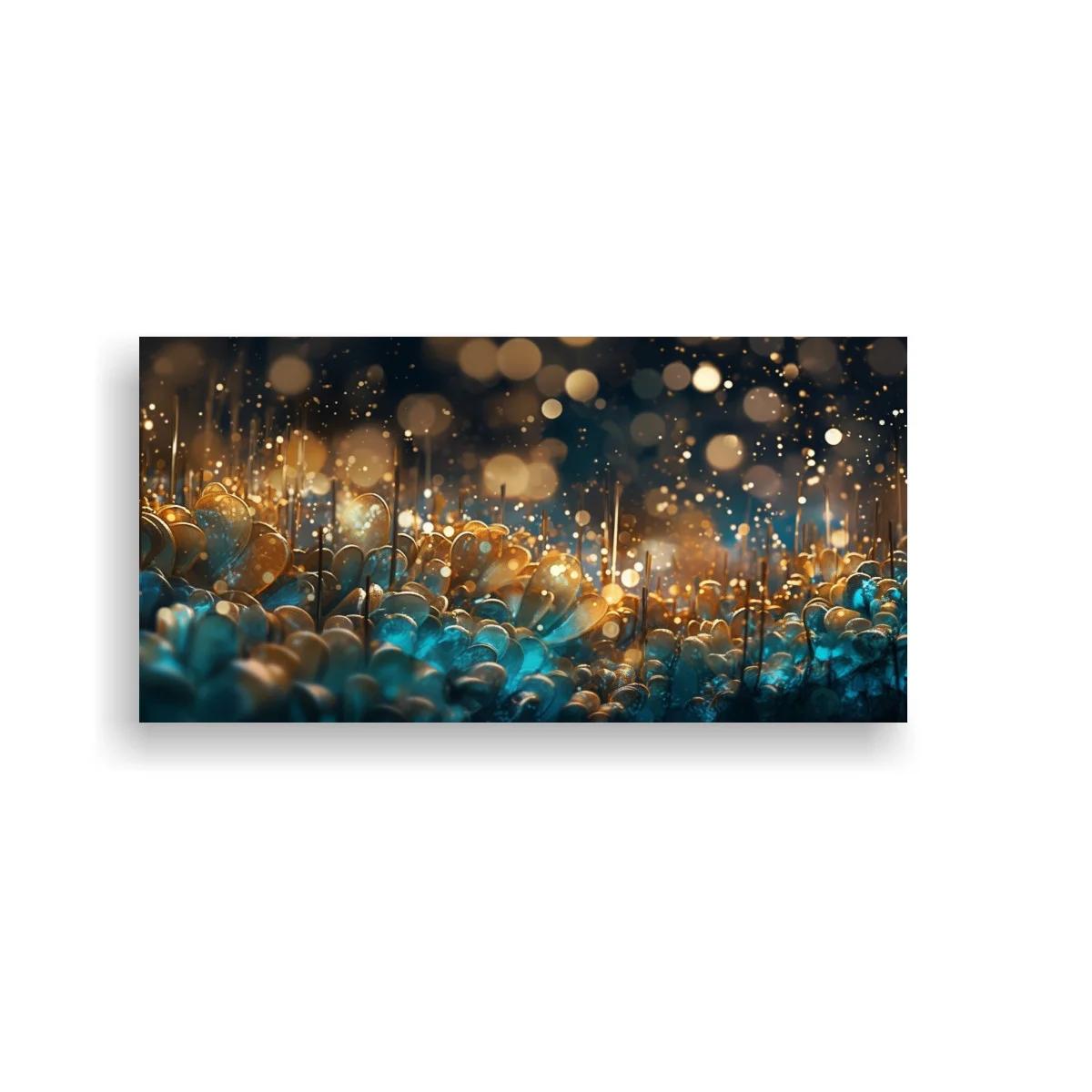 Cuadro campo de flores azules con fondo oscuro y luces desenfocadas