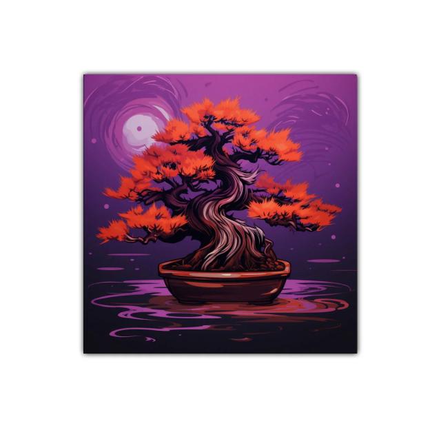 Bonsái vibrante con hojas en tonos cálidos sobre fondo púrpura