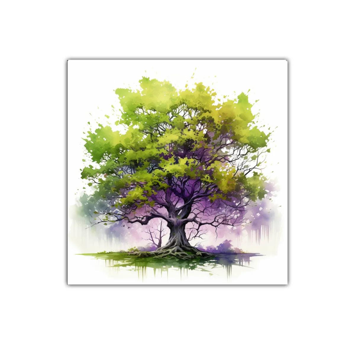 Árbol vibrante con tonos verdes y morados para decorar
