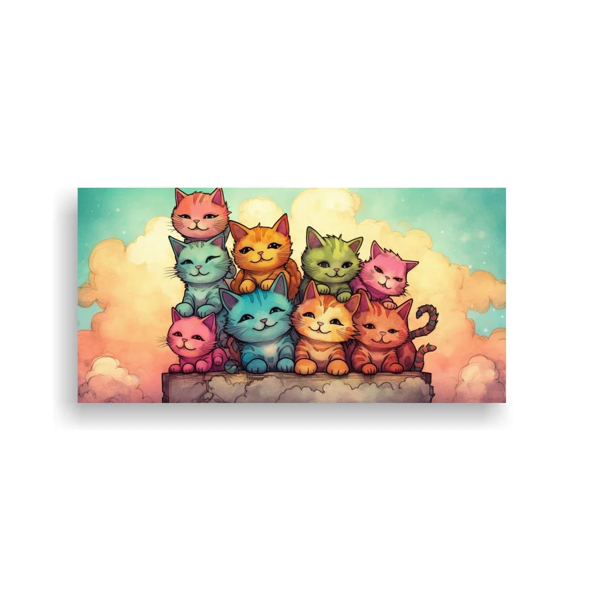 Cuadro grupo de gatos de colores sobre muro de piedra