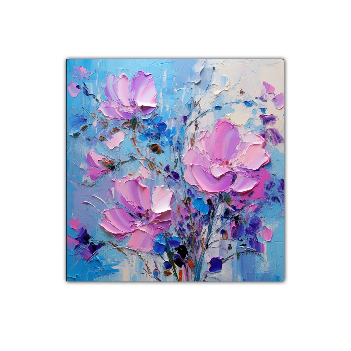 Cuadro floral con flores en tonos rosas y azules vibrantes