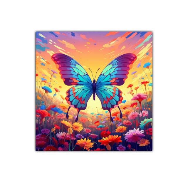 Mariposa vibrante en campo florido al atardecer