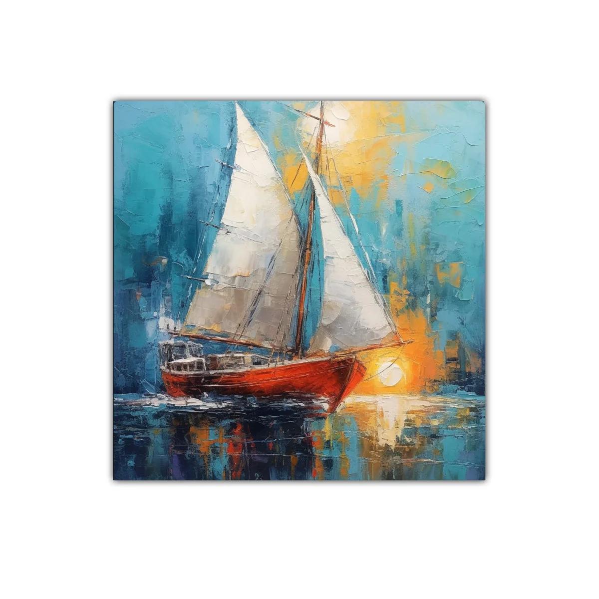 Barco de vela rojo reflejado en agua bajo atardecer brillante — imagen principal