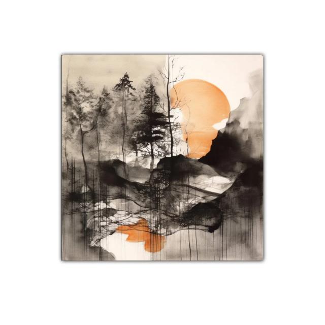 Paisaje abstracto con árboles y sol anaranjado al fondo