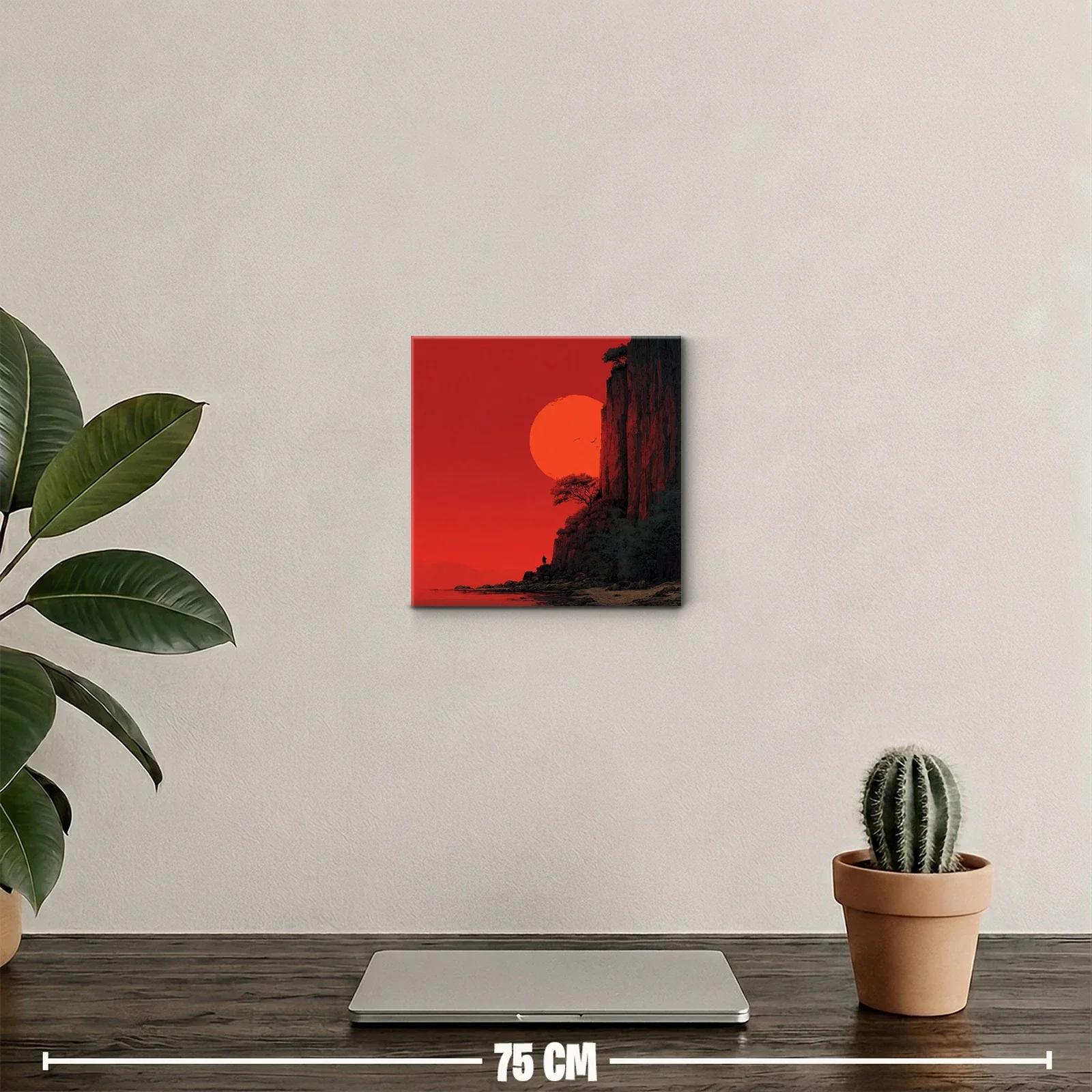 Paisaje dramático con sol rojo y acantilados rocosos — miniatura 2
