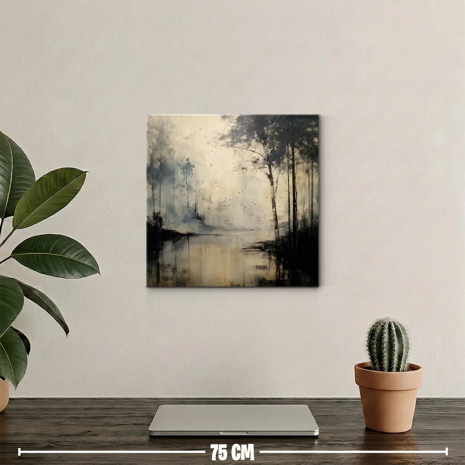 Paisaje sereno con árboles y reflejos en tonos neutros — miniatura 2