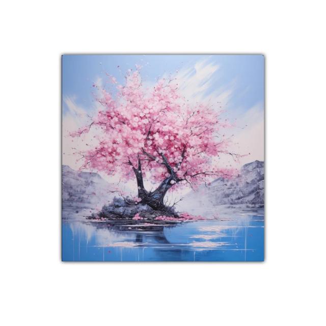 Belleza serena de árbol en flor sobre lago azul y montañas