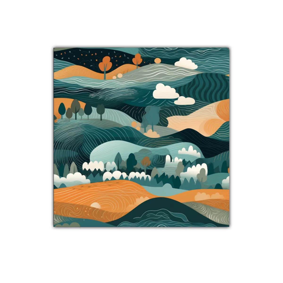Paisaje abstracto con colinas onduladas y árboles coloridos — imagen principal