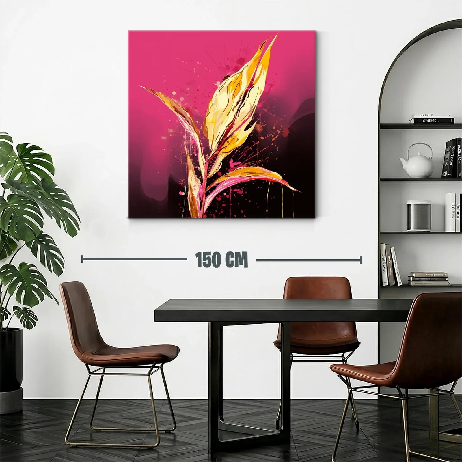 Cuadro abstracto con hojas vibrantes en tonos dorados y rosa — miniatura 2