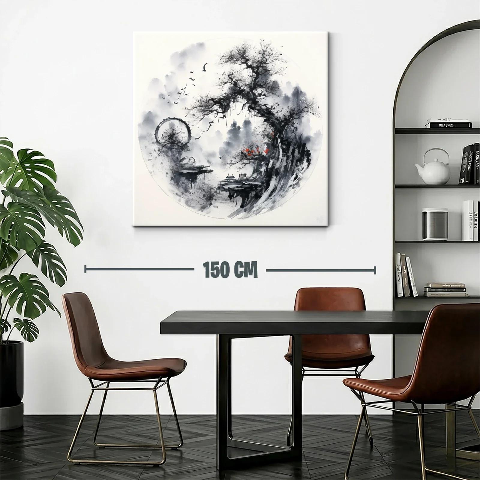 Paisaje asiático con árbol y aves en tonos monocromos — miniatura 2