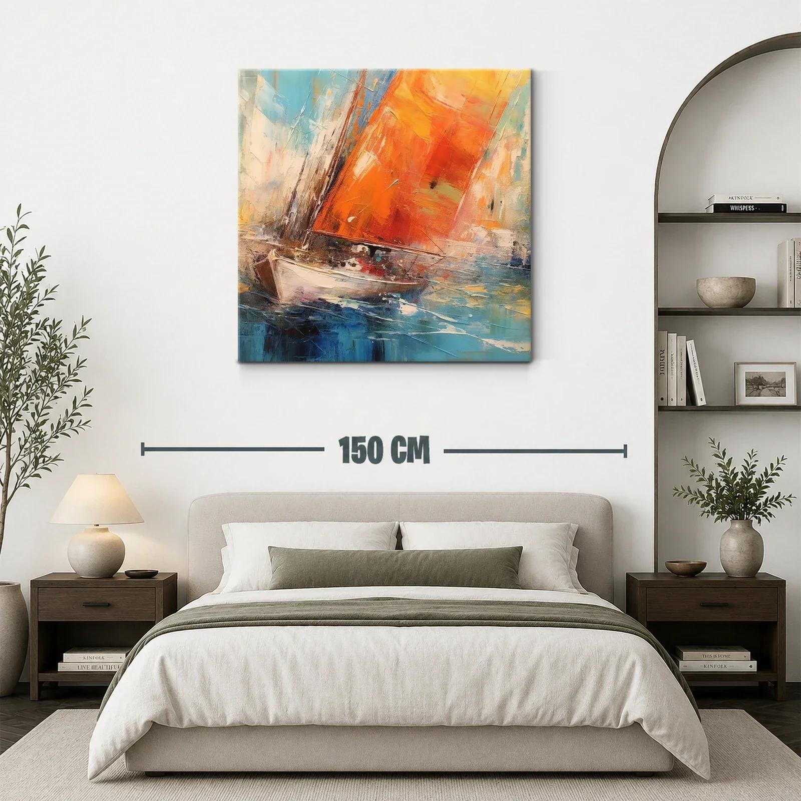 Cuadro barco con velas naranjas surcando el mar azul — miniatura 3